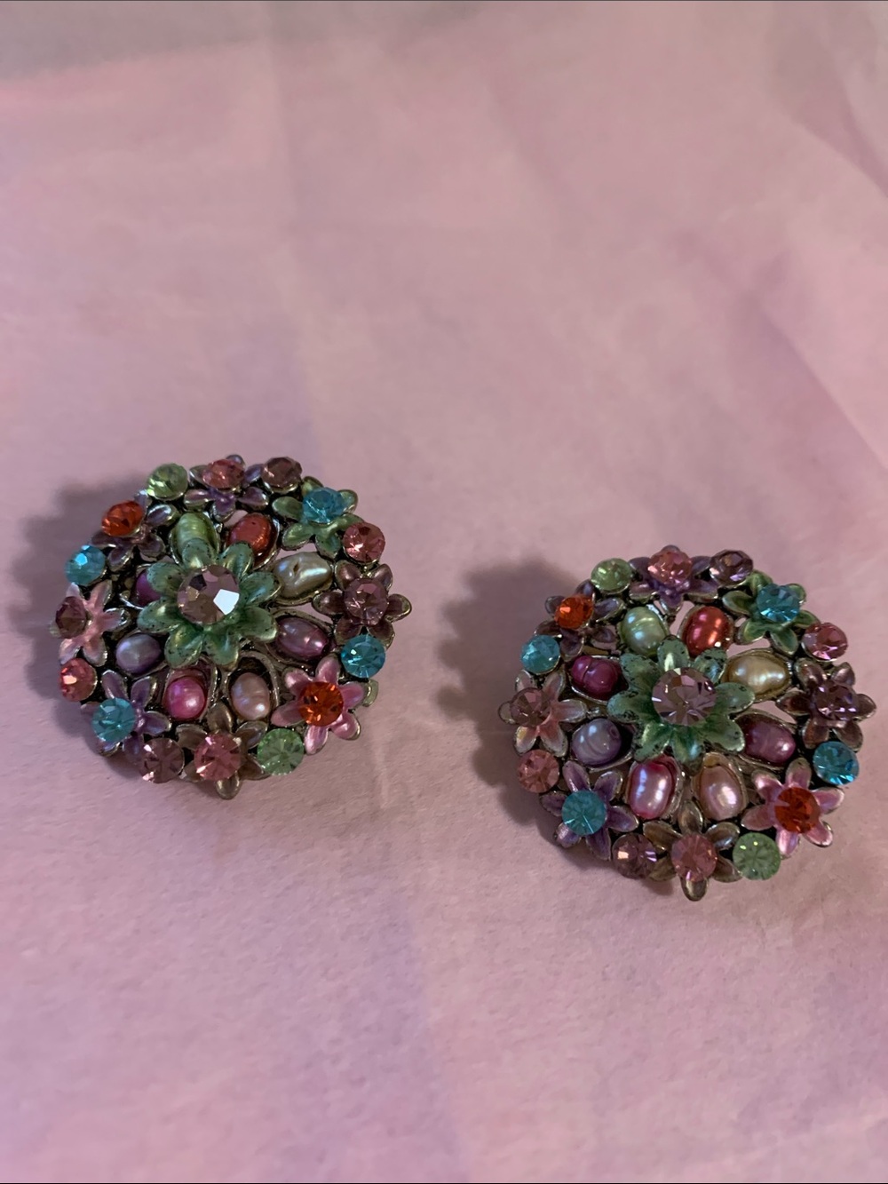 Multicolor Floral Crystal Cluster Clip-On Earrings - Women Jewelry